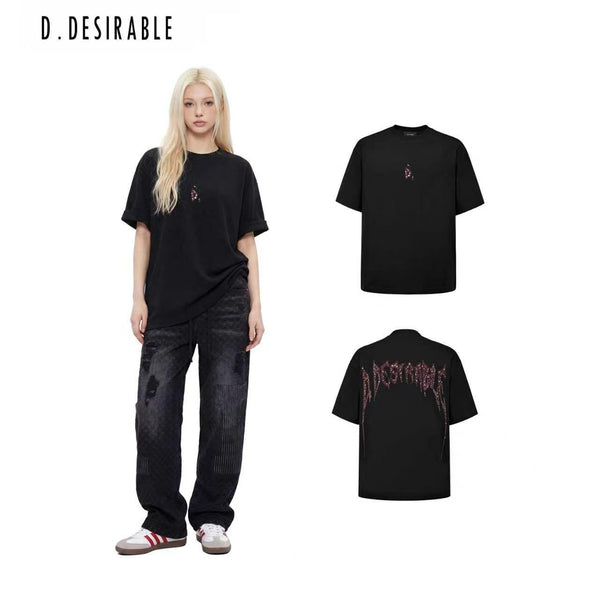 D.Desirable- Dark‑Tone Double‑Layer Rhinestone Shadow T‑Shirt