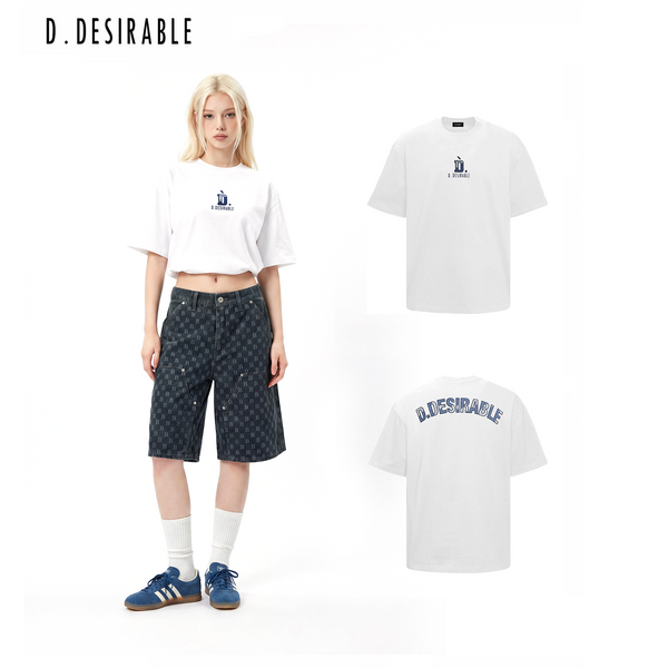 D.Desirable New Retro Series‑Denim Puzzle Silver‑Thread Embroidered T‑Shirt