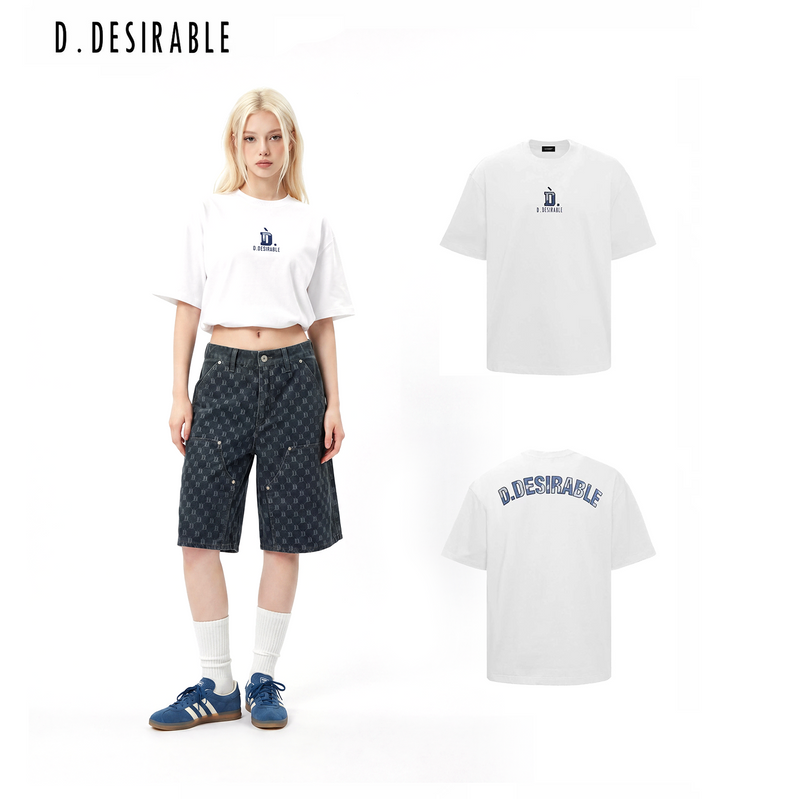 D.Desirable New Retro Series‑Denim Puzzle Silver‑Thread Embroidered T‑Shirt