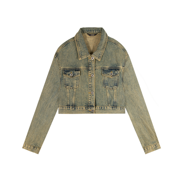 D.Desirable West Coast LA‑Color Block D‑Allover Discharge Print Cropped Denim Jacket