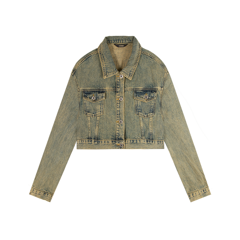 D.DESIRABLE West Coast LA‑Color Block D‑Allover Discharge Print Cropped Denim Jacket
