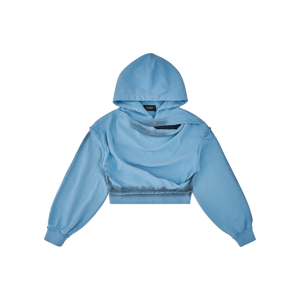 D.Desirable Blue Gradient Cropped Hoodie - Women's Draped Hem Ombré Sweatshirt