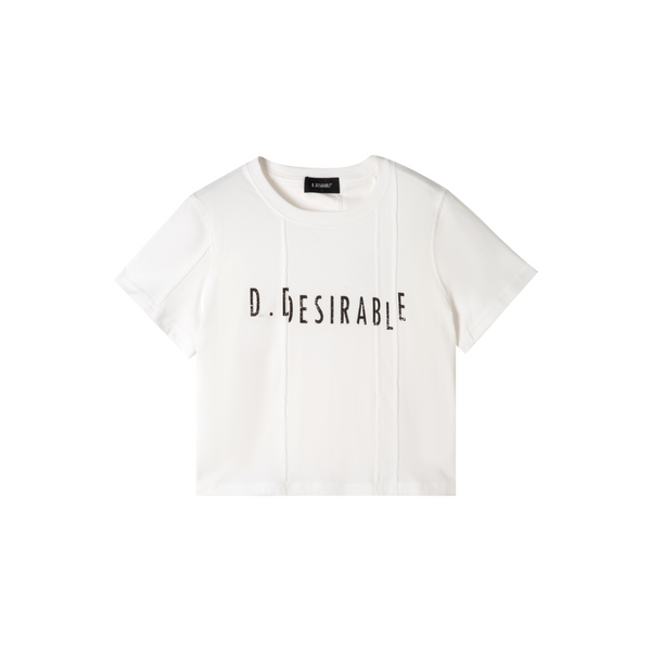D.Desirable Women's White Asymmetric Panel Distressed Logo Print Cropped Crew Neck T-Shirt