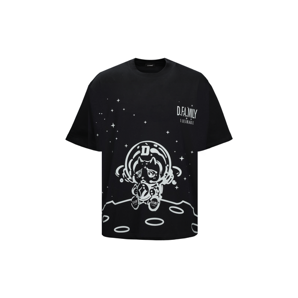 D.Desirable Neo Retro Series Black Little D Planet Adventure Reflective Print Oversized Crew Neck T-Shirt