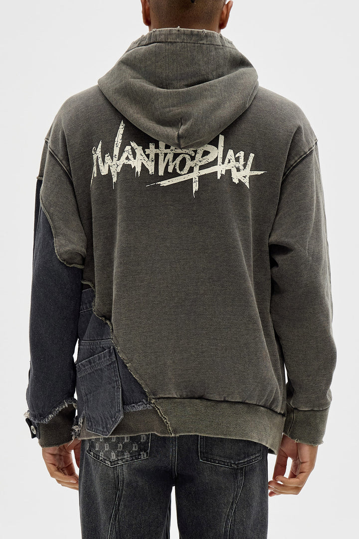 West Coast LA - Irregular Denim Waistband Spliced Hoodie