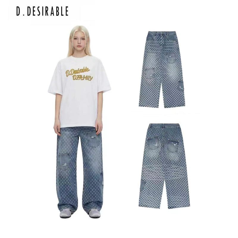 D.DESIRABLE- Gradient Color Fade Denim Jeans with Irregular Multi-Pockets