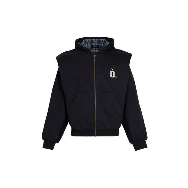 Z D.Desirable Cropped Plaid Zip-Up Sweatshirt - Structured Shoulder Grid Print Navy Blue