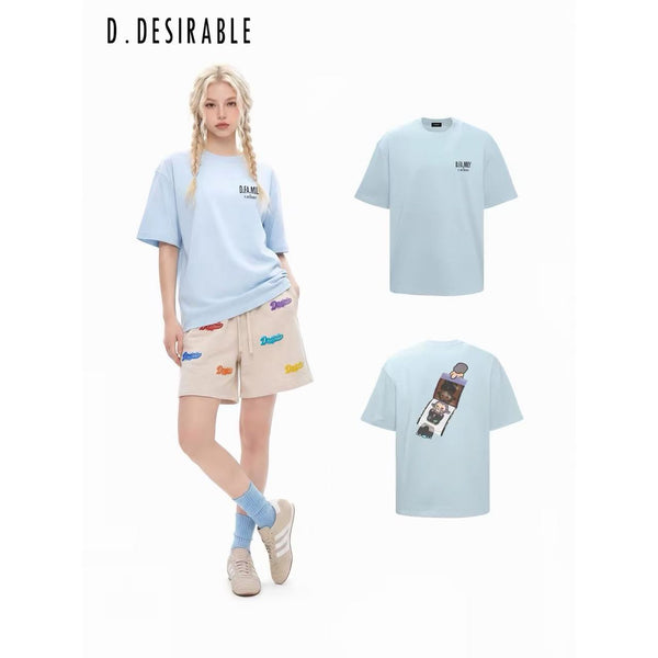 D.Desirable D.FA.MILY Series Light Blue Funny Peel-off Film Group Photo Graphic Oversized Crew Neck T-Shirt