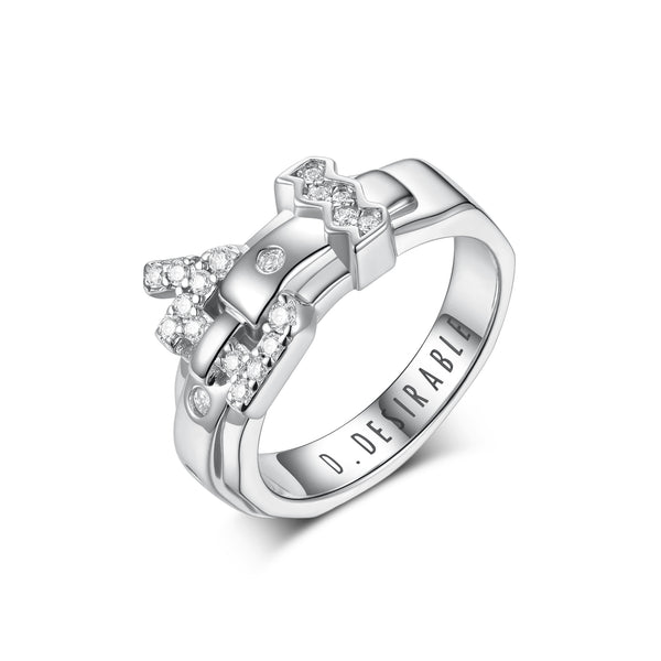 D.Desirable Sparkling Rhinestone Big‑D Buckle Silver Ring