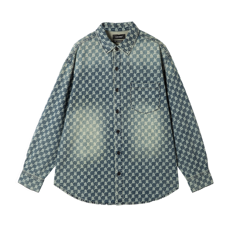 D.DESIRABLE-Blue Pigment Print Allover D Long Sleeve Shirt