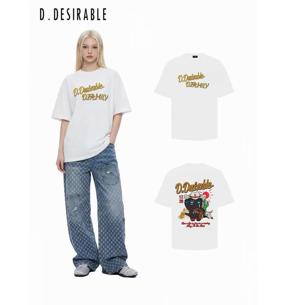 D.Desirable Mischievous Cowboy Little Devil Graphic White T-Shirt - Streetwear Cotton Tee