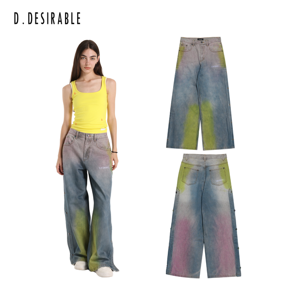 D.Desirable Multicolor Tie-Dye Wide-Leg Jeans - Rainbow Wash Baggy Denim Pants