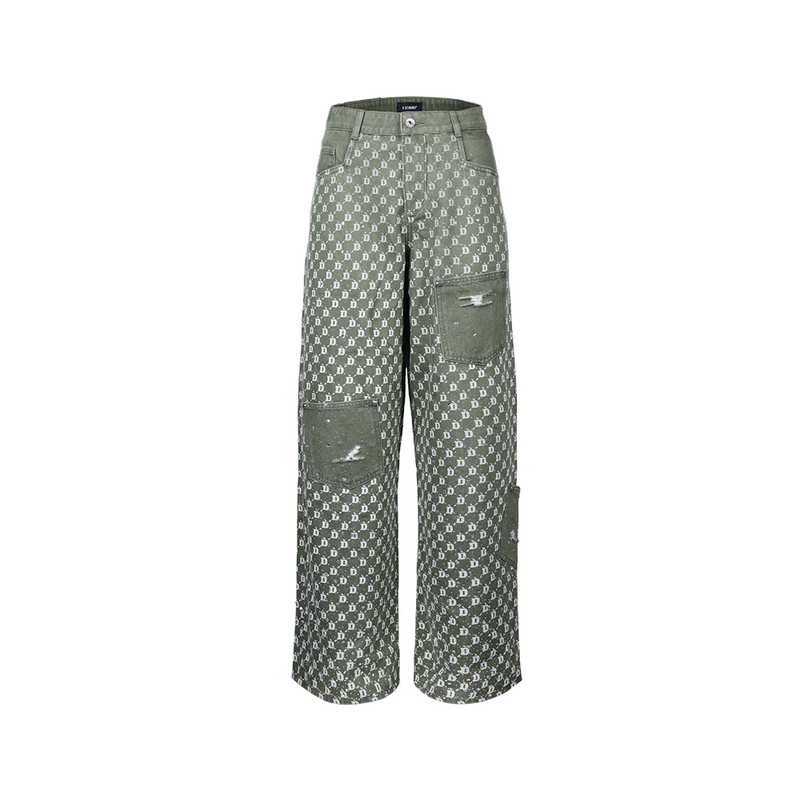 D.DESIRABLE-Green Irregular‑Pocket Gradient Full‑Rhinestone Jeans