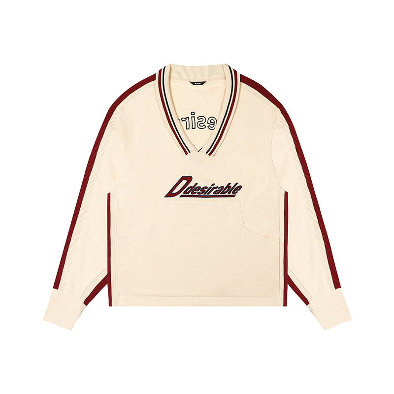 D.DESIRABLE-Vintage Sports Scene‑Retro Deep‑V Neck Color‑Block Hoodie